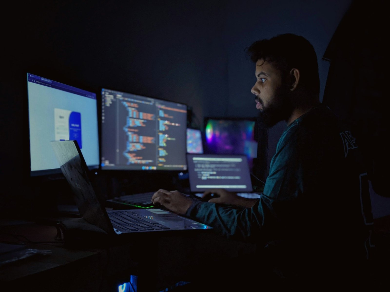 Analyste devant plusieurs écrans dans un bureau plongé dans la pénombre