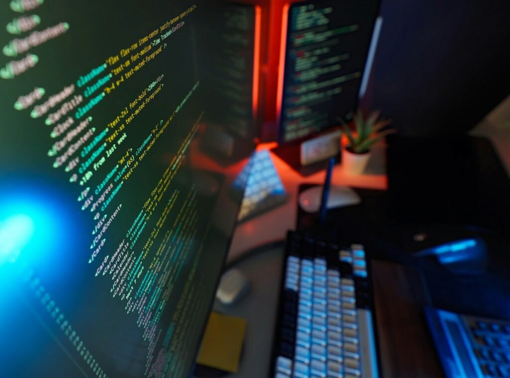 Écran de code éclairé en bleu et rouge